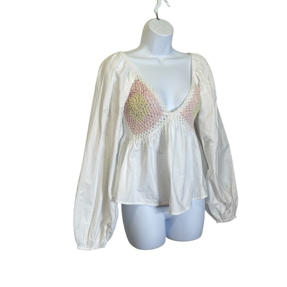 Asos White Crochet Inset Balloon Sleeve Cotton Milkmaid Blouse sz 4 New - Picture 7 of 9